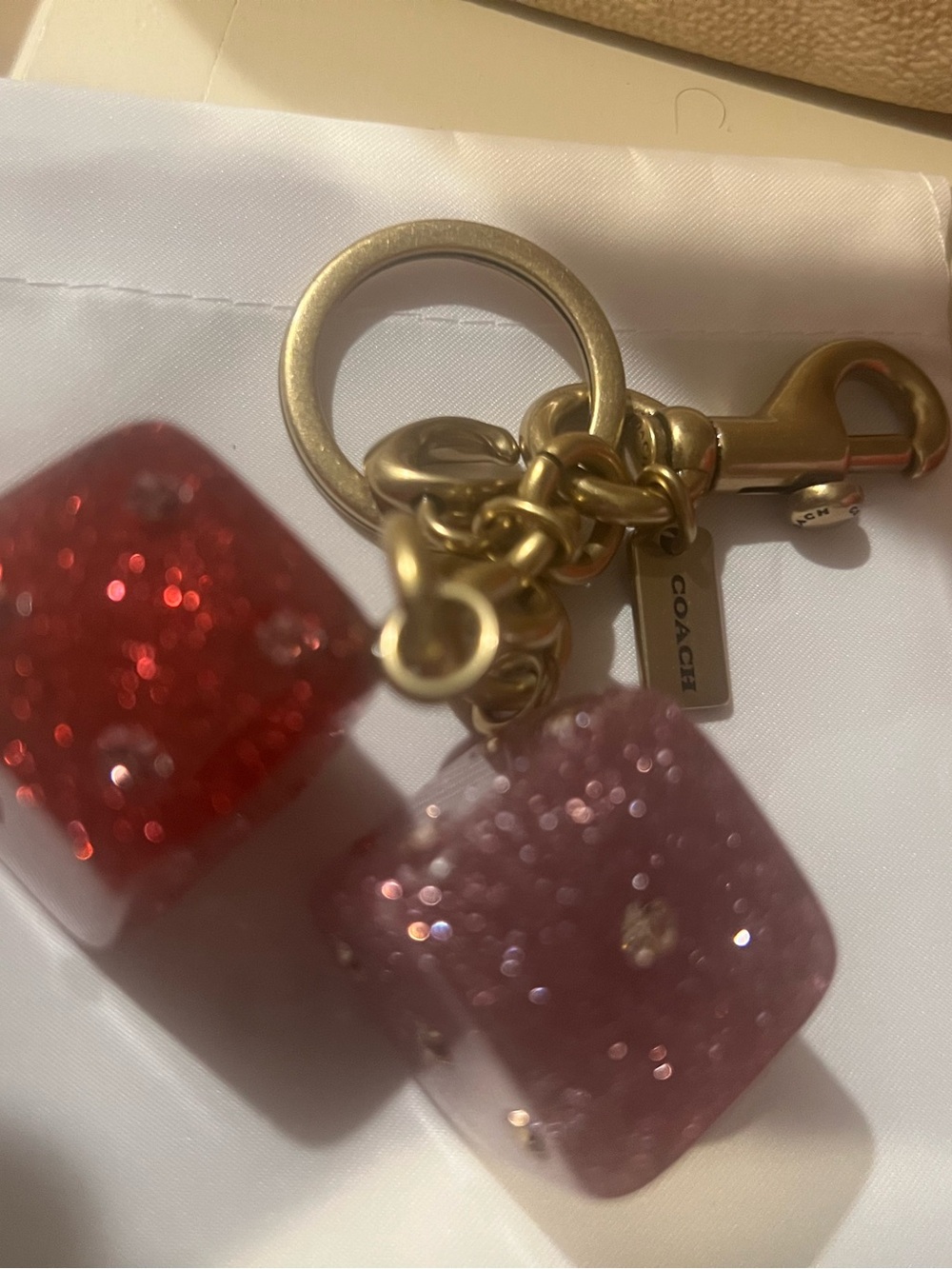 Coach Gold-tone Keychain with Red and Pink Glitter Dice Charms